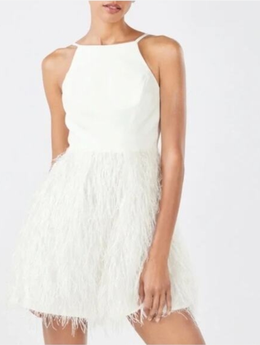 BCBGMaxAzria White Feather-Trim Halter Mini Dress BRIDES!